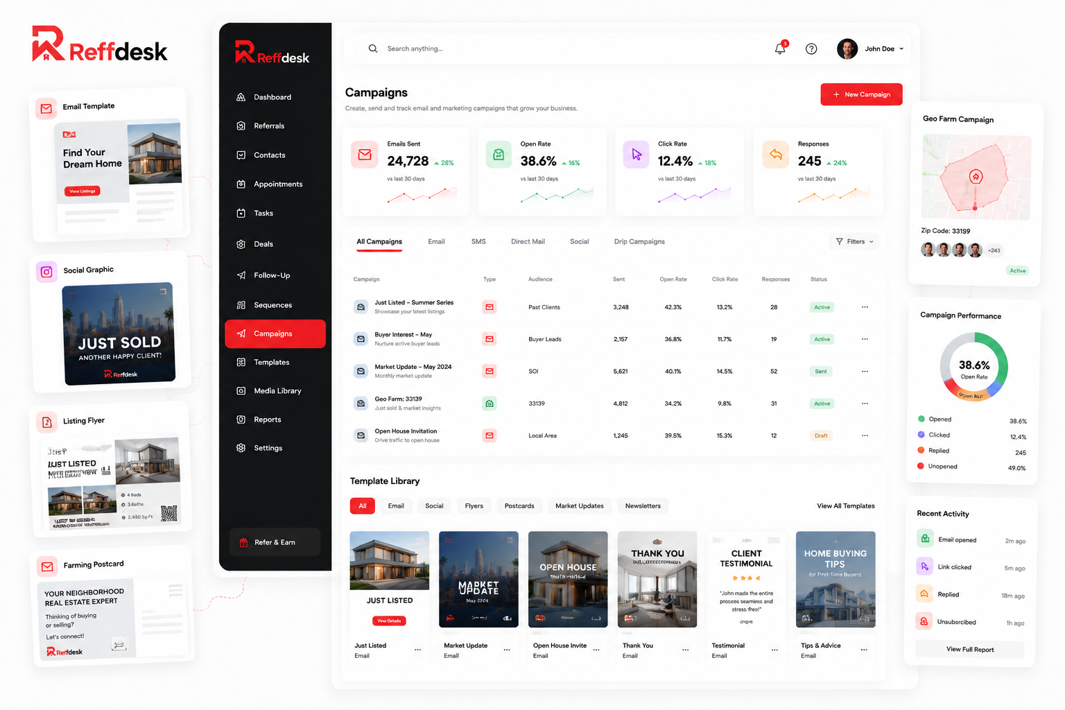 Marketing template library with branded real estate campaigns