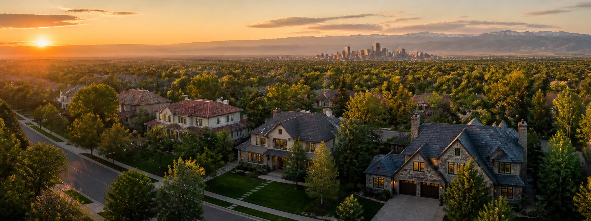 Aerial view of an upscale Denver neighbourhood at sunset